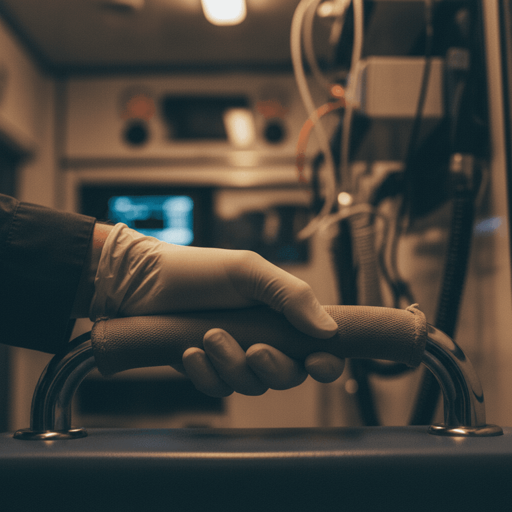 Paramedic hand gripping ambulance interior rail